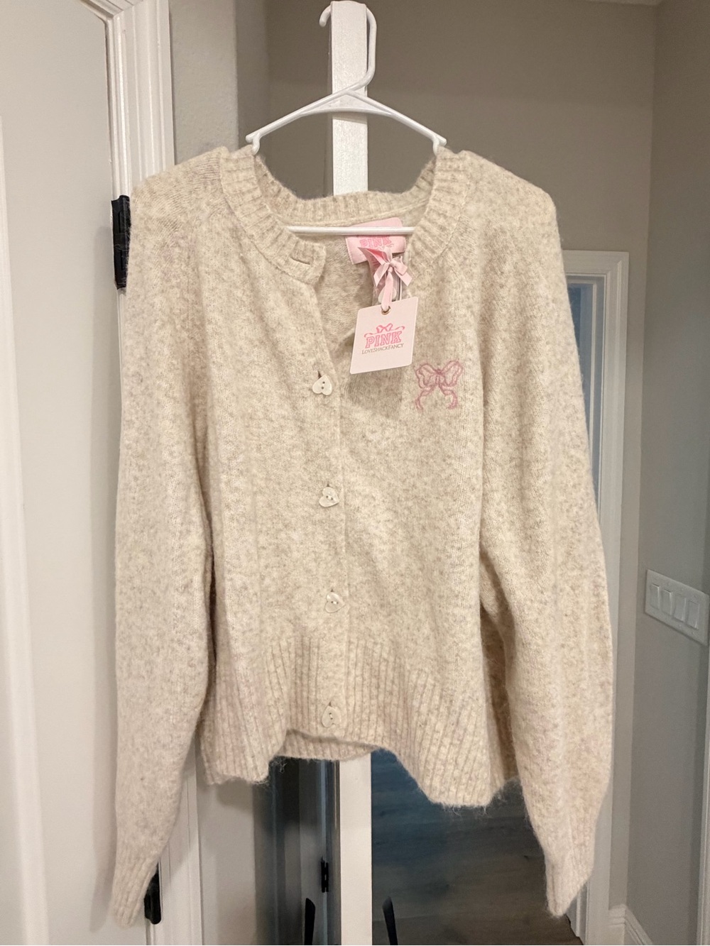 PINK Victoria's Secret Cream Knit Cardigan with Pink Bow Detail